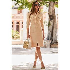 Sosandar Ecru Popper Front 3/4 Sleeve Stretch Denim Dress