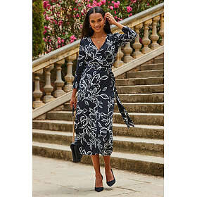 Sosandar Floral Print Ruched Sleeve Midi Wrap Dress