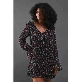 Warehouse Floral Pleated Chiffon V Neck Mini Swing Dress