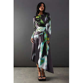 Warehouse Formal Floral Abstract Print Knot Front Long Sleeve Midi Dress