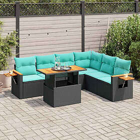 vidaXL Sofa Set with Cushions Black Rattan Acacia Wood 7 Pieces 3327606