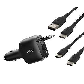 Belkin 394578 Infällbar Billaddare med USB-C till USB-C-kabel och USB-A till USB-C-kabel 75W