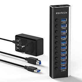 RSHTECH RSH-A10 10-Port USB 3.0 Hub med Strömadapter