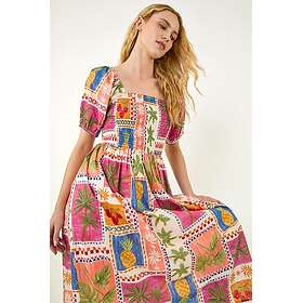 Roman Postcard Print Shirred Midi Dress