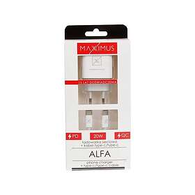 Maxximus ALFA Seinälaturi USB-A+C:llä ja USB-C–USB-C-kaapelilla PD QC 20W