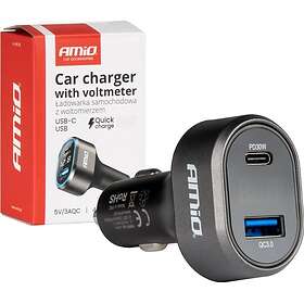 AMiO Autolaturi Voltrimetrillä PD30W QC3.0 USB-A USB-C 48W