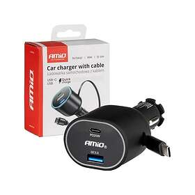 AMiO -04176 Autolaturi sisäänvedettävällä kaapelilla PD30W QC3.0 USB-A USB-C 85W
