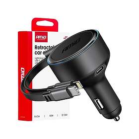 AMiO 04370 Sisäänvedettävä Autolaturi Type-C- ja Lightning-kaapelilla 60W