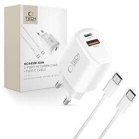 Tech-Protect NCA45W-Gan 2-Port Væglader PD 45W / QC3.0 + Type-C Kabel 45W