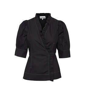 Ganni Cotton Poplin Short Sleeve Wrap Blouse