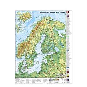 Skandinavien och Baltikum, fysisk karta 1:30 000 000, väggkarta med metallupphängning