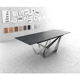 DELIFE Table-à-manger Edge 180-220x90cm Laminam céramique gris pieds milieu acier plat argent