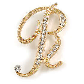 Crystal 'R' Gold Plated Clear Letter R Alphabet Initial Brooch Personalised
