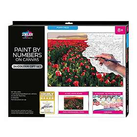 Field Paint by Numbers on A3 Canvas Board – Poppy 24-Colour Gift Set 3 Brushes Zieler