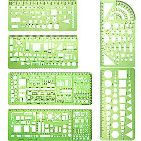 For 6 Pieces Plastic Measuring Templates Building mwork Stencils Geometric Drawing Rulers Office and School, Clear Green
